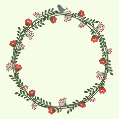A floral round frame with a bird, red flowers, berries and twigs. Vector.