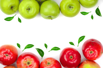 red and green apples decorated with leaves isolated on white background with copy space for your text, top view