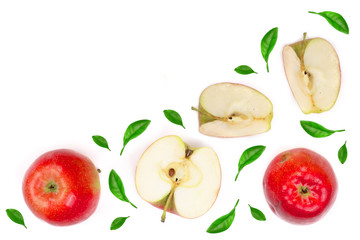 red apples with slices decorated with green leaves isolated on white background top view with copy space for your text