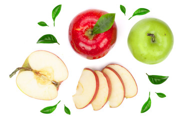 red and green apples with slices and leaves isolated on white background top view. Set or collection. Flat lay pattern