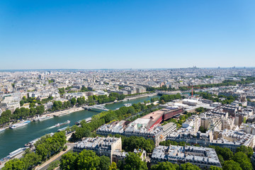 View of skyline Paris from top view. Cityscape of Paris from Eifel tower.  Cityscape and Seine river from top view at Eifel tower. 