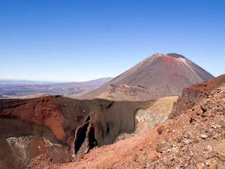Red Crater Vent and Rock Fall Landscape with Mount Ngauruhoe in Background, Tongariro Alpine Crossing, North Island, New Zealand