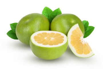 Citrus Sweetie or Pomelit, oroblanco with half and leaf isolated on white background close-up