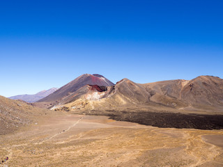 Mount Ngauruhoe, Mount Doom and Mount Ruapehu Landscape with Walking Path and Red Crater on Tongariro Alpine Crossing, North Island, New Zealand