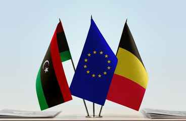 Flags of Libya European Union and Belgium