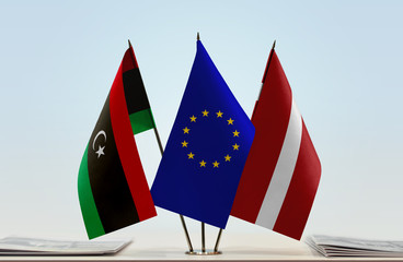 Flags of Libya European Union and Latvia