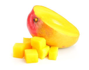 Mango fruit half isolated on white background close-up