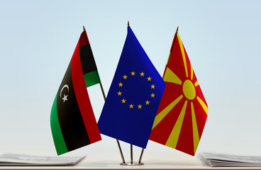 Flags of Libya European Union and Macedonia