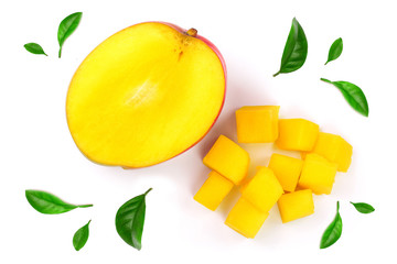 half of Mango fruit decorated with leaves isolated on white background close-up. Top view. Flat lay