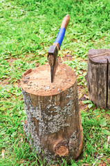 An old axe wrapped with duct tape stuck in a stump