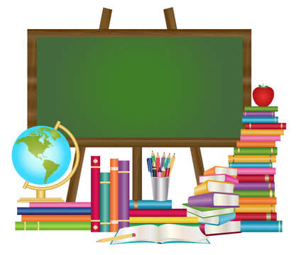 Education background- School chalkboard with books, globe, tin of pencils and apple vector