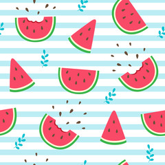 Watermelon slices seamless pattern on striped background