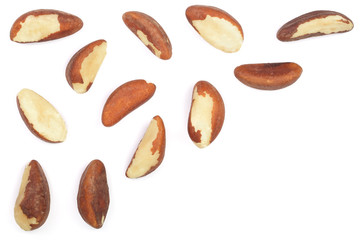 Brazil nuts isolated on white background closeup with copy space for your text. Top view. Flat lay