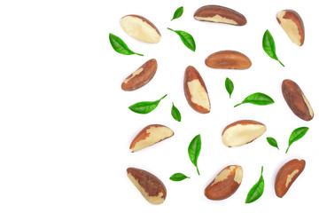 Brazil nuts isolated on white background closeup with copy space for your text. Top view. Flat lay