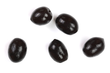 whole black olives isolated on white background. Top view. Flat lay pattern