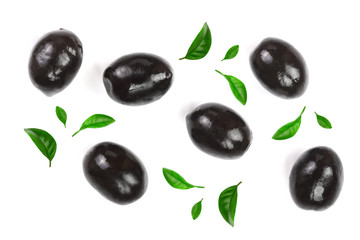 whole black olives isolated on white background. Top view. Flat lay pattern
