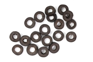 sliced black olives isolated on white background. Top view. Flat lay pattern