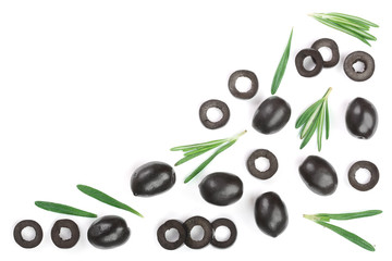whole and sliced black olives with rosemary leaves isolated on white background. Top view. Flat lay pattern