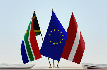 Flags of Republic of South Africa European Union and Latvia