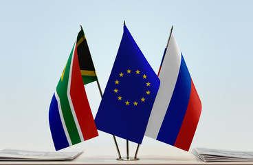 Flags of Republic of South Africa European Union and Russia