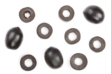 whole and sliced black olives isolated on white background. Top view. Flat lay pattern