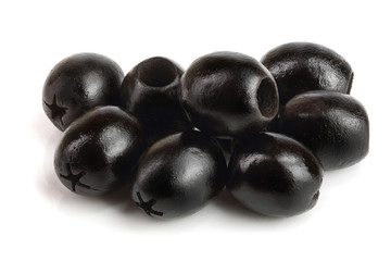 whole black olives isolated on white background macro