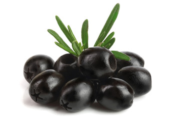 whole black olives with rosemary leaf isolated on white background macro
