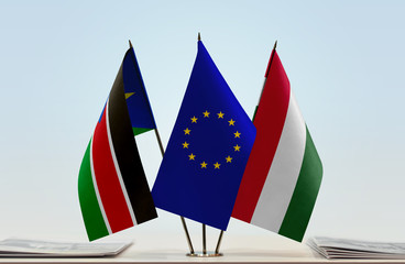 Flags of South Sudan European Union and Hungary