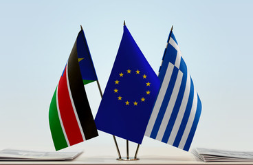 Flags of South Sudan European Union and Greece