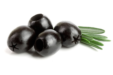 whole black olives with rosemary leaf isolated on white background macro