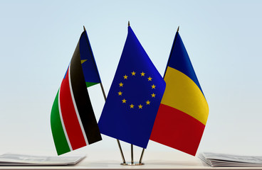 Flags of South Sudan European Union and Romania
