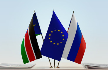 Flags of South Sudan European Union and Russia