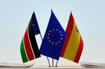 Flags of South Sudan European Union and Spain