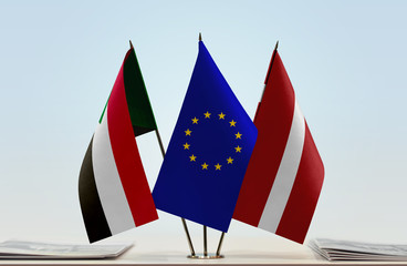 Flags of Sudan European Union and Latvia