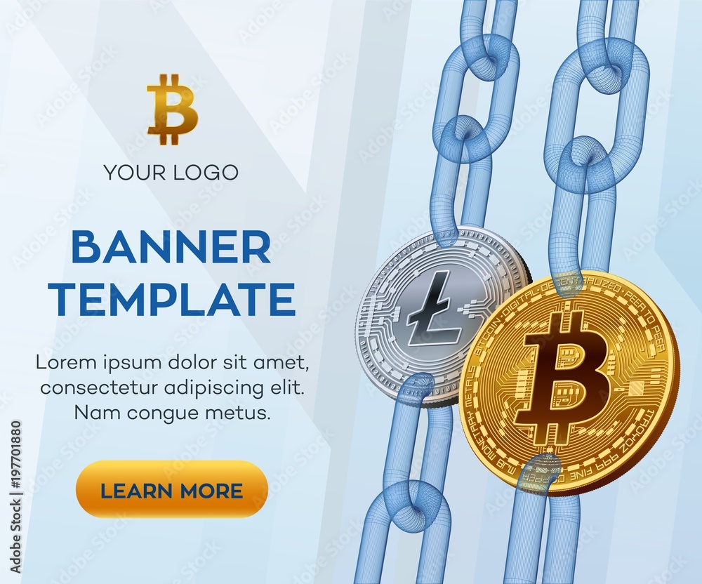 Poster crypto currency editable banner template. bitcoin. litecoin. 3d isometric physical bit coins. golden