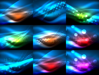 Set of neon wave backgrounds with light effects, curvy lines with glittering and shiny dots, glowing colors in darkness, vector magic illustrations