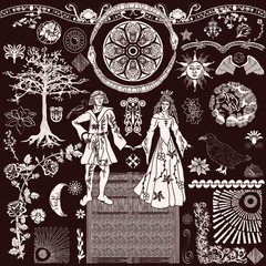 Medieval Woodcut Vector Kit - Backgrounds Objects Furniture Characters & Elements