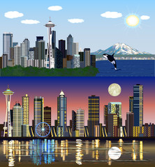 Seattle, Washington, USA - Day and Night Vector Skylines Set - obrazy, fototapety, plakaty