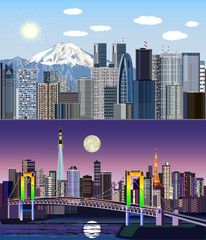 Tokyo, Japan, Asia - Day to Night Vector Kit