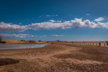 MASPALOMAS, GRAND CANARIA / SPAIN - FEBRUARY 20 2018: SAND DUNES AND MASPALOMAS BEACH ON SUNNY DAY