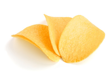 three potato chips on white background close-up