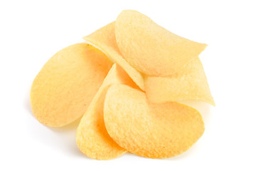 heap of potato chips on white background close-up