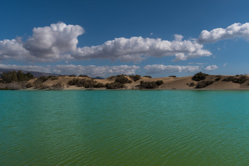 MASPALOMAS, GRAND CANARIA / SPAIN - FEBRUARY 20 2018: SAND DUNES AND MASPALOMAS BEACH ON SUNNY DAY