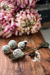 Sesame Coated Bliss Balls with Vintage Spoon and Flower Backdrop