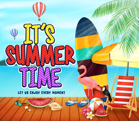 Naklejka premium It's Summer Time Wooden Pier View at The Beach with Hot Air Balloons, Flamingo, Toucan, Watermelon, Bench, Umbrella, Surfboard, Seashell, Sunglasses and Palm Leaves. Vector Illustration 