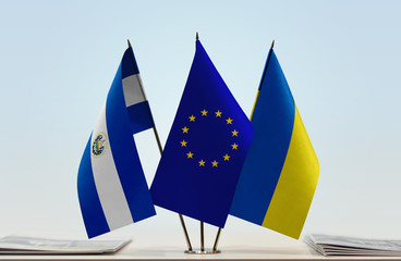 Flags of El Salvador European Union and Ukraine