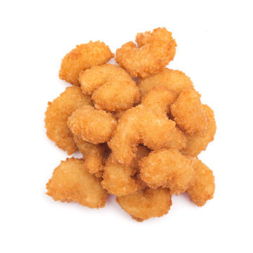 Battered and Fried Popcorn Shrimp on a White Background