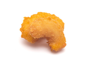 Battered and Fried Popcorn Shrimp on a White Background