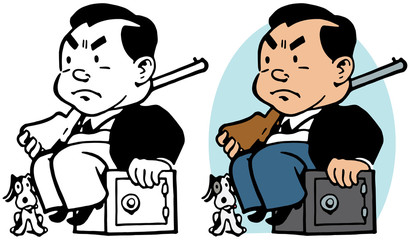 A man guarding his safe with a shotgun and his dog.