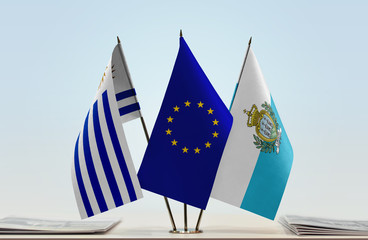 Flags of Uruguay European Union and  San Marino